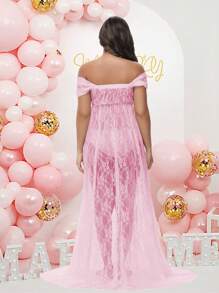 Maternity Lace Sexy Off-Shoulder High Waist Slit For Photoshoot Baby Shower Pregnancy Women Gown - Pink - View 2