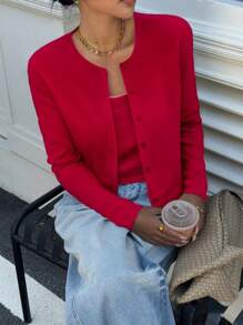 2pcs Set: Fine Knitted Cardigan + Fine Knitted Vest, Wavy Hem - Burgundy - View 1