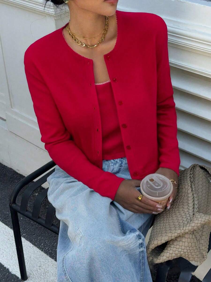 2pcs Set: Fine Knitted Cardigan + Fine Knitted Vest, Wavy Hem - Burgundy - View 1