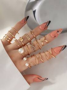 18pcs/Set Heart & Butterfly Design Rings, Exquisite - 18 Piece Ring Set - View 1