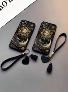 1 pieza Funda protectora de teléfono con borde perforado en forma de luna negra, diseño 3D resistente a golpes, con un nuevo diseño de cordón con forma de corazón como accesorio de teléfono DIY, con borla corta pendiente de la muñeca