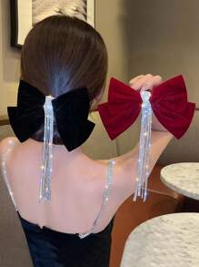 1pc Oversized Sparkling Rhinestone Tassel Velvet Bow Hair Clip, Elegant Top Clip Hairpin, Suitable For Half-Up Hairstyle, High Ponytail, Party, Wedding, Valentine's Day, Birthday - Ideal Gift