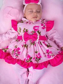 Maternity Outfit For Baby Girl Pompom 04 Pieces Baby Clothes - 玫紅色 - 查看 2