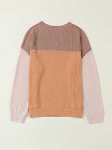 Contrast Color Drop Shoulder Long Sleeve Knit Crew Neck Top - Khaki - View 10