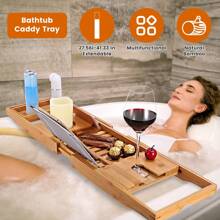 1Pc Extendable Bamboo Bathtub Caddy Tray Table, Bath Reading Tray Rack, Tablet Phone Wine Glass Holder Bathroom Decor Summer Back To School