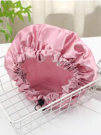 QINGMYU 双层防水浴帽，可调节拉绳，纯色黑色/粉色，适合化妆和沐浴返校