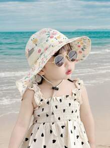 1 pieza Nuevo sombrero de sol con estampado floral pequeño para niña, ajustable, con correa a prueba de viento y malla transpirable, sombrero de playa de verano con pañuelo para niños