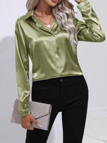 Women's Elegant Foldover Collar Single Button Imitation Silk Shirt, Solid Color Long Sleeve Fashion Blouse - 橄欖綠 - 查看 1