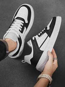 Giày thể thao đế cao su vá màu tương phản cổ điển màu đen và trắng dành cho nam, tối giản, thoải mái, chống trượt, buộc dây, thích hợp để đi làm, ngoài trời, thanh thiếu niên, đa năng - trắng và đen - Xem 9