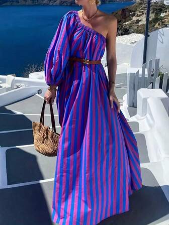 Striped Print Sexy One Shoulder Vacation Style Dress For Women, Spring/Summer