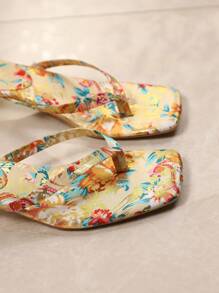 Summer New Soft Leather Square Toe Sandals, Cat Ear Heel Slip-On Flip Flops, Versatile Stilettos Thong Sandals For Women