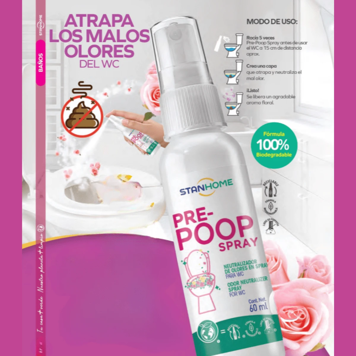 Pre-Poop Spray neutralizador de Olores en spray par WC o Baño,  Desodorante para WC - Rosa Fucsia - Ver 1