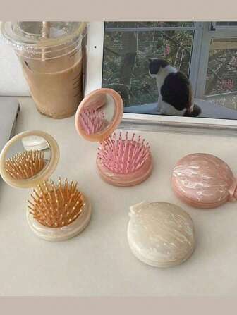 Marmorerad massagekam, spegelkam, lätt resekam, hopfällbar, sminkborste, skönhetsfodral, lämplig för styling och massage, hållbar ABS-plast, lämplig för kvinnor, oumbärlig för utflykter, resetillbehör