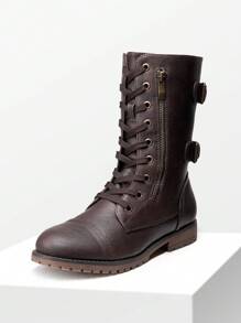 Women's Mid-Calf Combat Boots Round Toe Lace-Up Coin Pocket Outdoor Commuter Black Boots - màu nâu - Xem 4