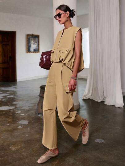 Sollinarry 2 pezzi/set, top senza maniche con cerniera e pantaloni lunghi da donna, nuovo stile estivo, adatto per festival musicali