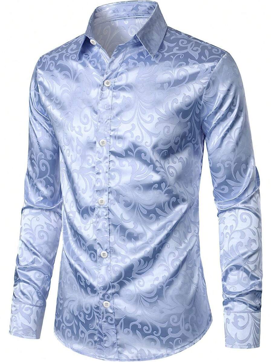 男士花卉提花长袖纽扣衬衫，秋季 - 淺藍色 - 查看 1