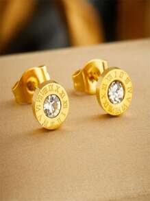 1 套镀金水钻圆形罗马数字圆盘吊饰耳环、手链、项链首饰套装 - 金色 - 查看 3