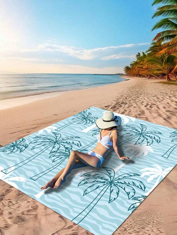 1pc New Tropical Style Beach Blanket With White Palmtree Patterns Windproof Rectangular Lightweight Outdoor Multipurpose Waterproof Sand Resistant Picnic Rug Beach Essentials