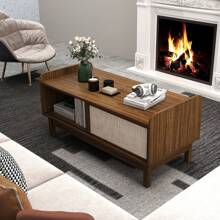 Rectangular Coffee Table W/ Storage Weaving Sliding Door & Adjustable Shelf