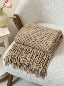 1 件卡其色针织盖毯，带流苏的休闲午睡毯，适用于沙发、椅子、卧室、秋季装饰、秋季装饰、房间装饰 - 卡其色 - 查看 4