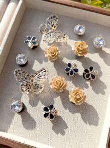 14 件时尚鞋夹（豹纹蝴蝶、金色 3D 玫瑰、黑色 5 瓣油滴、1 颗水晶），DIY 装饰配件适用于女士凉鞋、拖鞋、沙滩包 - 节日和特殊场合的完美礼物 - 黑金配色 - 查看 3