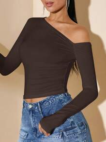 Women's Minimalist Asymmetric Shoulder Long Sleeve Slim Fit T-Shirt Top, Daily Wear, Fall/Winter - 咖啡棕 - 查看 4