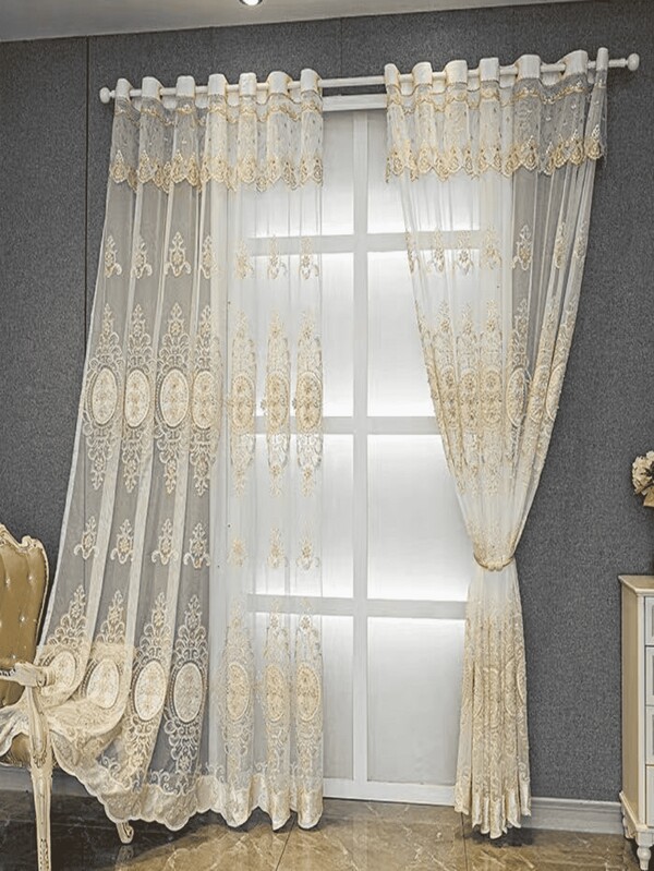 1pc Luxury Punched-Hole European Style High-End Embroidered Beaded Sheer Curtain, Elegant Design For Living Room, Bedroom, Palace Villa