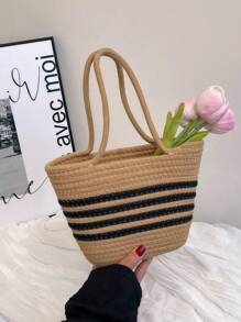 编织时尚草编沙滩手提单肩包 - 彩色 - 查看 2