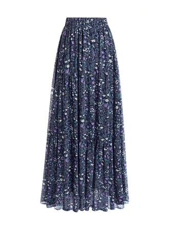 Falda larga plisada de diseño elegante con parches, de cintura alta, estilo casual y suelto, con estampado floral azul marino, para mujer, primavera/otoño