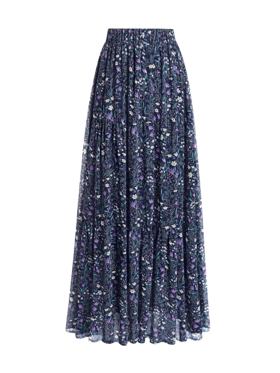 EARO 女式海军蓝碎花 A 字裙，高腰休闲宽松度假优雅设计拼布褶皱长裙，春秋 - 藍色 - 查看 1