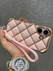 Luxury Stylish Rhombus Argyle Plating Phone Case Compatible With Iphone 16 15 14 13 12 Pro Max 11 Silicone Wristband Strap Soft Shockproof Cover