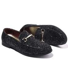 Men's Fashionable Loafers, Flat Driving Shoes, Glitter Textured Brogue Oxford, Slip-On, Gold/Silver Shiny Party Shoes, Stage Performance - Black - View 3