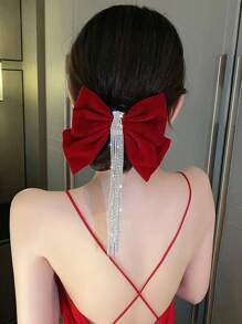 1pc Oversized Sparkling Rhinestone Tassel Velvet Bow Hair Clip, Elegant Top Clip Hairpin, Suitable For Half-Up Hairstyle, High Ponytail, Party, Wedding, Valentine's Day, Birthday - Ideal Gift