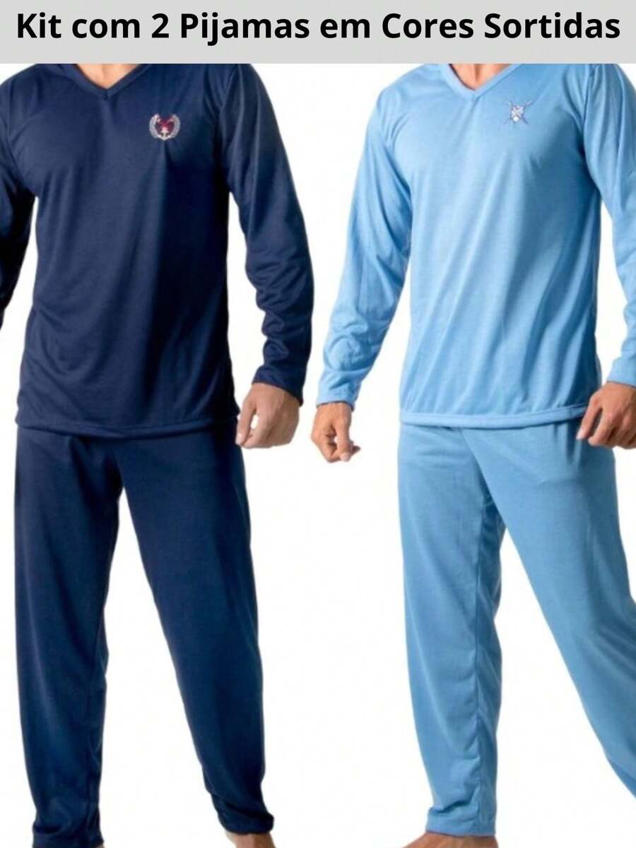 Kit With 2 Men's Pajamas With Long Sleeve Trousers For Adults In Premium Mesh, Assorted Colors - Multicolor - Ver 1