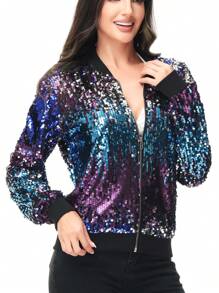 Womens Sequin Long Sleeve Front Zip Jacket With Ribbed Cuffs - Midnight - View 3