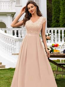 MIUSOL V-Neck Sequin Lace Short Sleeve Ruffle Hem Chiffon Maxi Dress, Elegant Women's Party Gown, Formal Evening Dress, Ball Gown, Suitable For Wedding Guests, Graduation Ceremony, Gala Dinner And Other Occasions, For Valentine's Day - Champagne - View 10