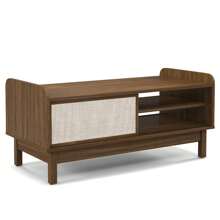 Rectangular Coffee Table W/ Storage Weaving Sliding Door & Adjustable Shelf