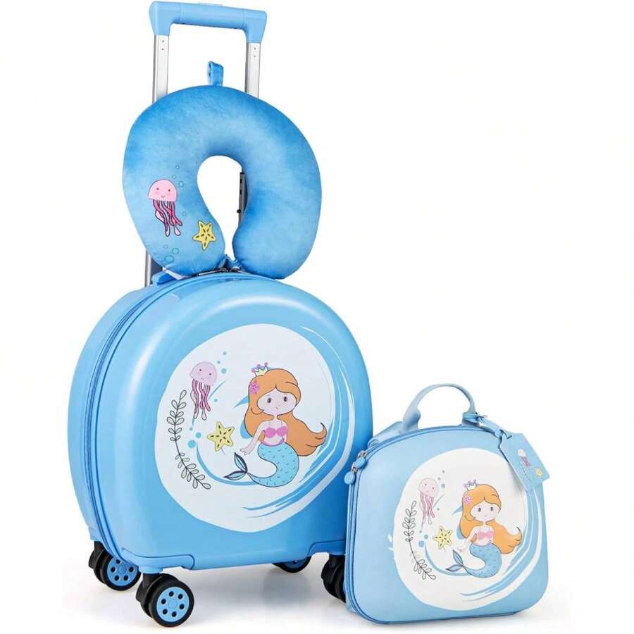 4-Piece Children's Suitcase Set, 35L Travel Suitcase With Backpack, Neck Pillow & Name Tag, Travel Luggage On Wheels With Cute Patterns, Children's Luggage For Children From 3 Years
