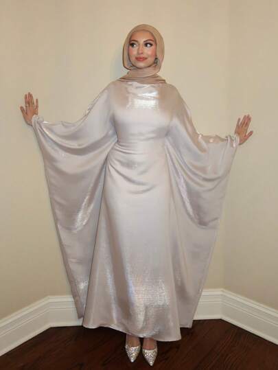 1 件女士正式长袍连衣裙，束腰，蝴蝶袖，飘逸的珍珠光泽设计，精致闪亮的缎子，合身的廓形，超大袖子，优雅的纯色长袍，适合日常、聚会、节日、端庄