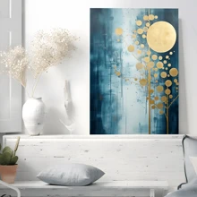 1pc Framed Canvas Poster, Blue - And - Gold - Moon - Tree - Abstract Wall Art Canvas Paintings, Ideal Gift For Bedroom Living Room Corridor, Wall Art, Room Decoration
