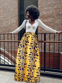 4 PCS African Printed Maxi Skirt For Women Outfit Traditional Printed Costume Set With Pockets Wooden Earrings - 印花裙 - 查看 3