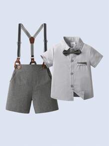 BOARNSEORL 2pcs Young Boys Formal Outfit Set - Short Sleeve Shirt With Bowknot And Suspender Shorts, Suitable For Banquet, Party, Performance, Wedding And Daily Outings - Grey - View 2