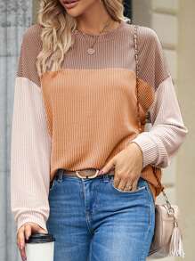 Contrast Color Drop Shoulder Long Sleeve Knit Crew Neck Top - Khaki - View 5