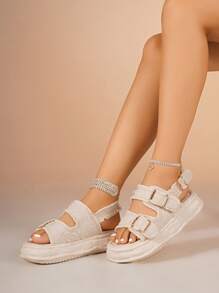 女士休闲户外扣带百搭街头时尚舒适可调节高品质厚底凉鞋 - 米色 - 查看 6