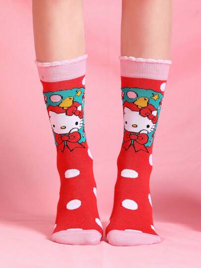 Sanrio 1 Pair High Quality Hello Kitty Cartoon Mid-Calf Socks, Unisex Funny Cute Comfortable Socks Suitable For Easter/Birthday/Thanksgiving/Halloween/Christmas/Carnival/Valentine's Day/Party, Unique Colorful Anime Cartoon Design To Enhance Family Atmosphere, Fashionable Funny Socks, Crazy Anime Gothic Multicolor Design
