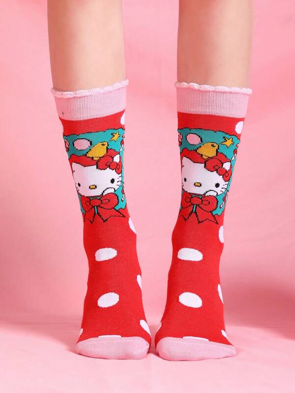 Sanrio 1 Pair High Quality Hello Kitty Cartoon Mid-Calf Socks, Unisex Funny Cute Comfortable Socks Suitable For Easter/Birthday/Thanksgiving/Halloween/Christmas/Carnival/Valentine's Day/Party, Unique Colorful Anime Cartoon Design, Enhance Family Atmosphere, Fashionable Fun Socks, Crazy Anime Gothic Multicolor Socks