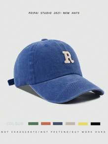 1pc Unisex Minimalist Washed Baseball Cap With R Letter Embroidery Patch, Versatile Sun Protection Snapback Hat - Baseball Cap - View 9