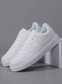 White PU Leather Low-Top Casual Sneakers For Men, Round Toe Lace-Up Flat Bottom Soft Sole Spring/Autumn