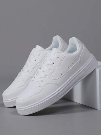 White PU Leather Low-Top Casual Sneakers For Men, Round Toe Lace-Up Flat Bottom Soft Sole Spring/Autumn