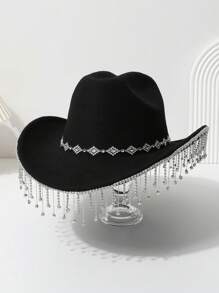 1pc Women's Solid Color Rhombus Sequin Rhinestone Teardrop Crystal Tassel Western Cowboy Hat, Suitable For Outing, Party, Wedding, Festival, Casual, Stage Performance, Bridal - Multicolor - View 10